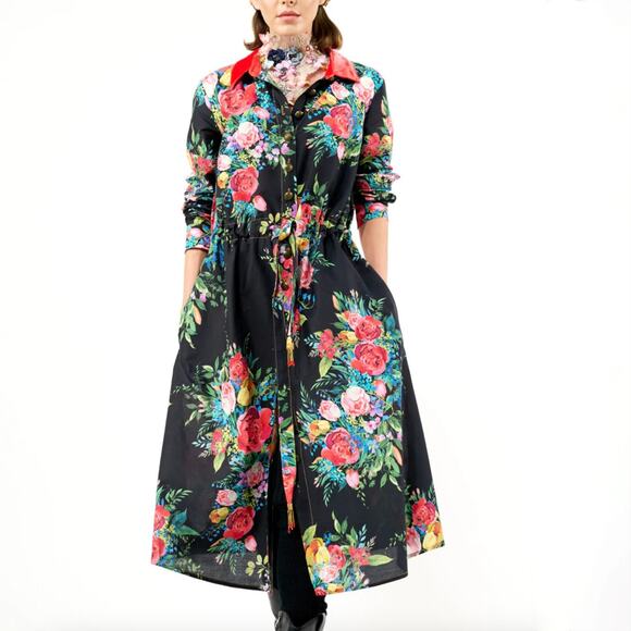 NWT ARATTA Zinnia Shirt Dress - Black Floral with Velvet Collar - Size M - Picture 3 of 4